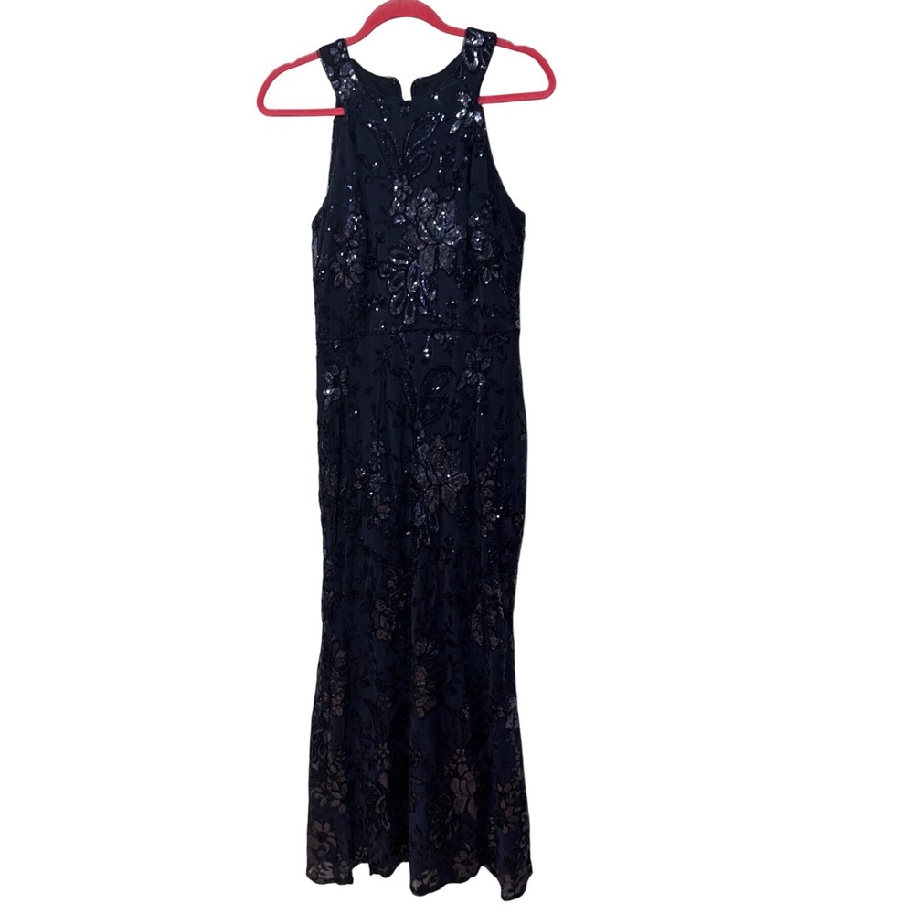 XSCAPE Navy Blue‎ Sequin Floral Halter Gown Maxi Dress 6P Formal Evening Gala
